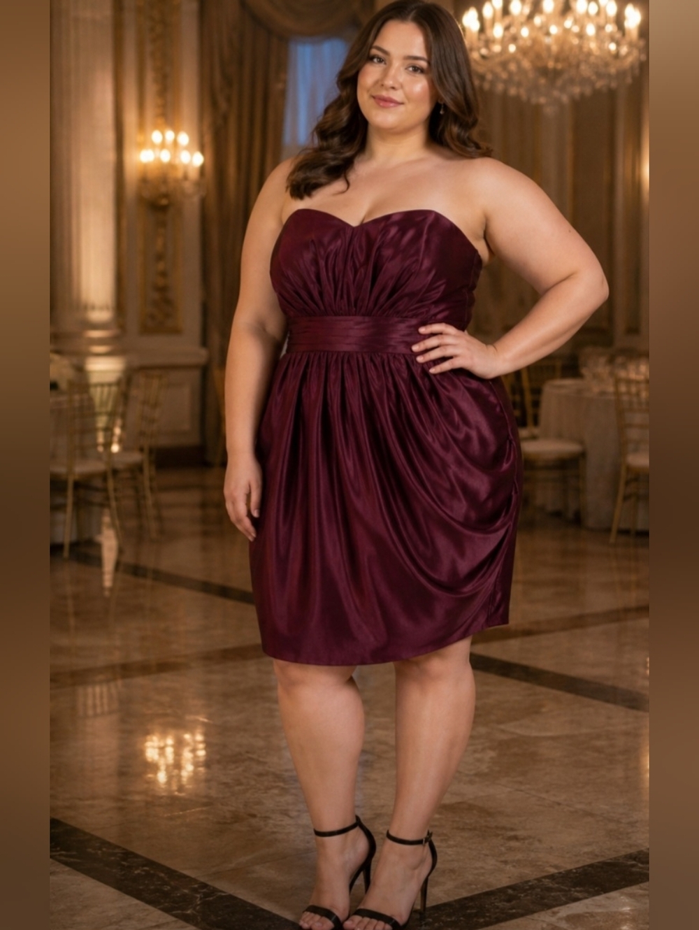 Jasmine Cranberry Strapless Ruched Elegant Prom Formal Satin Dress Size 14
